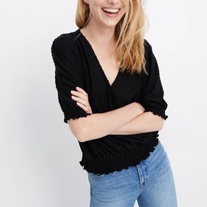 Madewell Black Texture & Thread Clipdot Smocked Crossover Top!